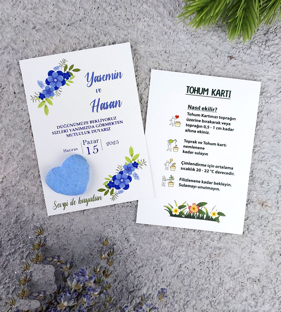 Aplus promosyon ürünleri » kalp tohum karti davetiye mavi